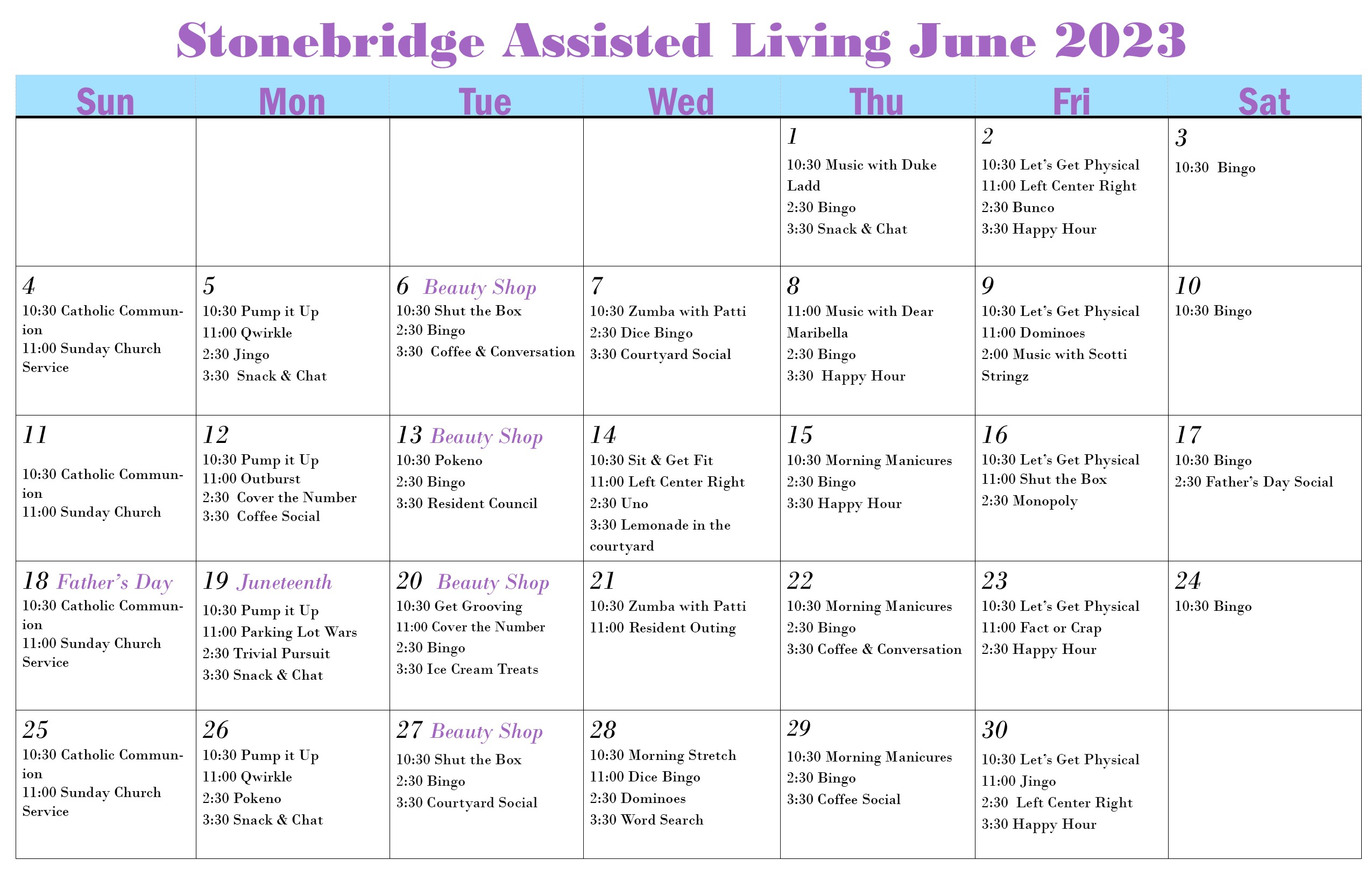 Stonebridge June 2023 Events Calendar
