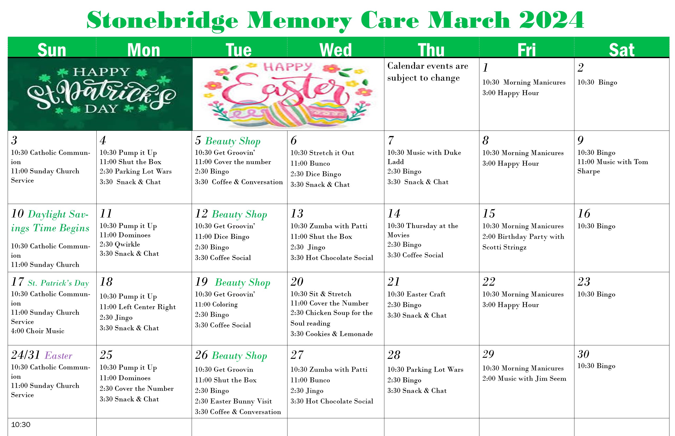 Memory Care March 2024 Calendar | Woodbury Wellness