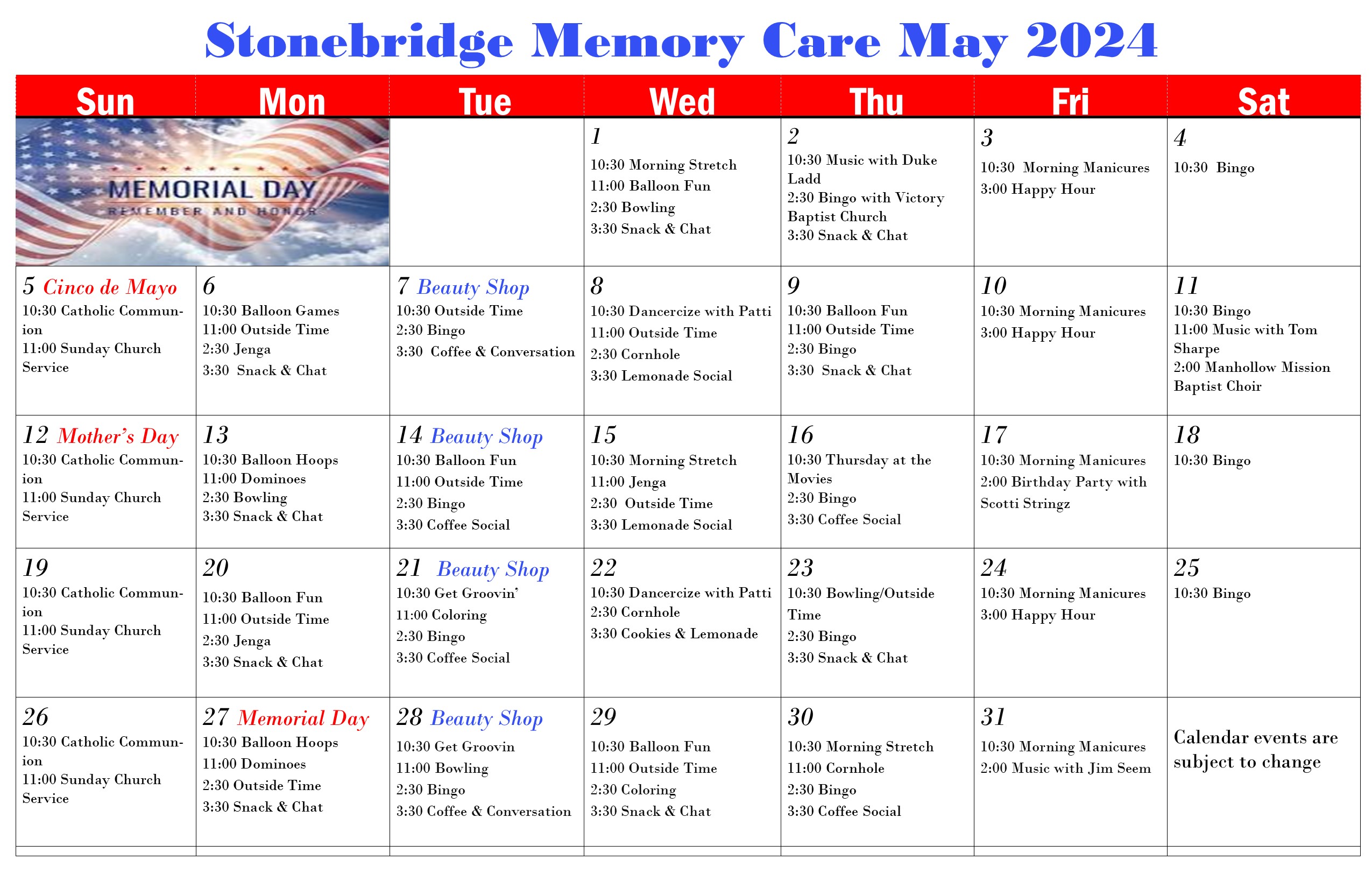 Memory Care May 2024 Calendar | Woodbury Wellness